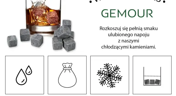 Szklanka whisky z kamieniami do chłodzenia i ilustracje instrukcji użycia.