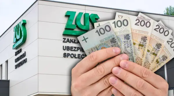 Ręce trzymają polskie banknoty przed budynkiem ZUS. Wnioski 800 plus 2026 – czy pieniądze wystarczą?