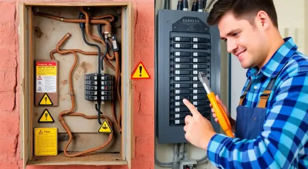 Un électricien examine un panneau électrique. À gauche, une boîte ouverte montre un ancien boîtier de fusible et des fils de cuivre.