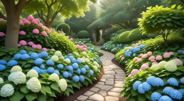 En slingrande stenlagd stig leder genom en lummig trädgård fylld av en magnifik hortensia rabatt i nyanser av rosa, blått och vitt.