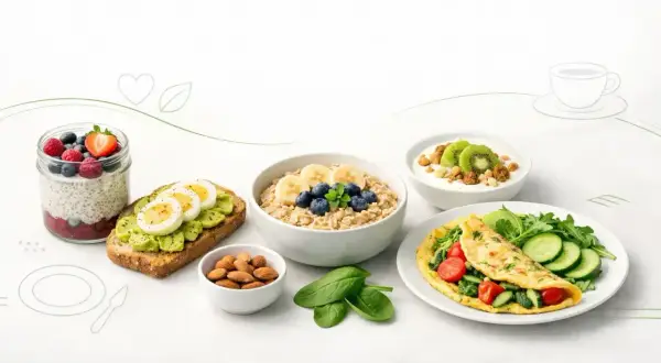 Zdrowe i fit śniadanie: owsianka z owocami, tosty z awokado i jajkiem, jogurt z kiwi, omlet z warzywami i migdały.