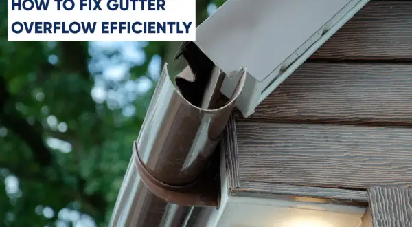 A close-up of a brown gutter with debris, showing a problem that needs a gutter fix. Text overlay reads "HOW TO FIX GUTTER OVERFLOW EFFICIENTLY".