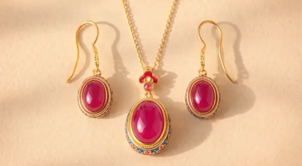 Conjunto de oro con colgante y pendientes de rubí, adornados con esmalte azul y rojo.