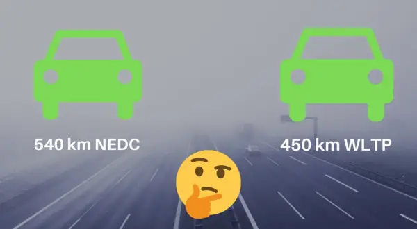 Deux voitures vertes symbolisent des autonomies différentes : 540 km NEDC vs 450 km WLTP. Un emoji pensif interroge sur ces mesures.