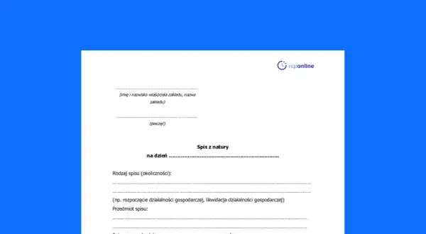Formularz "Spis z natury" z polami do wypełnienia: nazwa zakładu, data, rodzaj spisu, przedmiot spisu.