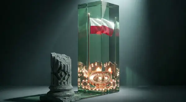 Symboliczny słup i szklana wieża z polską flagą i kasynowymi gadżetami. Dlaczego luksusowe zdrapki za 30 i 50 zł rzadziej dają zwrot kosztów?