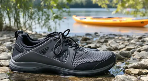 Szare buty sportowe na kamienistej plaży, idealne jako jakie buty na kajaki. W tle żółty kajak na wodzie.