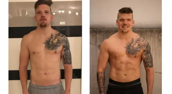 Mann mit Tattoos vor und nach dem Training. Er hat keine Muskeln abgebaut, sondern aufgebaut.