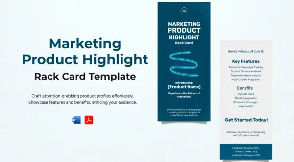 Marketing Product Highlight Rack Card Template. This catalog design showcases a sleek template for creating attention-grabbing product profiles.