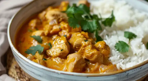 En skål med krämig kycklingcurry och ris, garnerad med koriander. Perfekt för ett snabbt mango chutney recept.