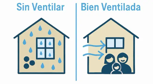 Casa sin ventilar con gotas de agua, indicando problemas de condensación. Casa bien ventilada con flechas de aire y familia feliz.