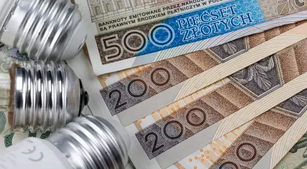 Żarówki leżą na banknotach 500 i 200 zł. Zastanawiasz się, ile kosztuje kWh prądu?