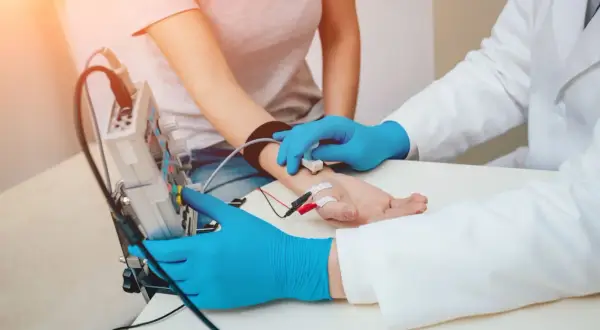 Lekarz bada przewodnictwo nerwowe pacjenta, podłączając elektrody do jego przedramienia.