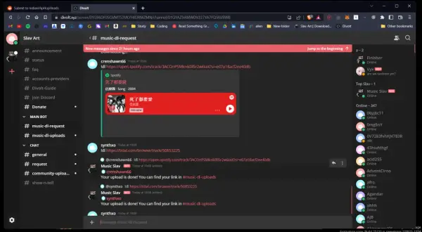 Discord bot in #music-dl-request channel shows how to get flac files by pasting Spotify or Tidal links.