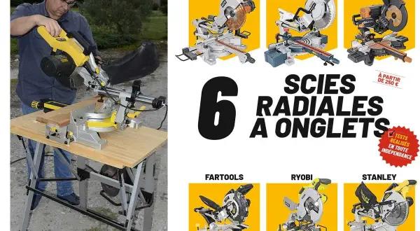 Comparaison de scies radiales à onglets : un homme utilise une scie, six modèles présentés (AEG, Bosch, Evolution, etc.).