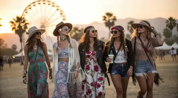 Cinco amigas con un marcado estilo bohemio pasean al atardecer, luciendo vestidos florales, sombreros y accesorios playeros.