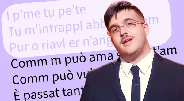 Testo di una canzone in dialetto napoletano, con esempi di frasi come "Comm m può ama".