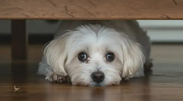 Ein kleiner, weißer, schreckhafter Hund kauert unter einem Holztisch. Seine großen, dunklen Augen blicken ängstlich hervor.