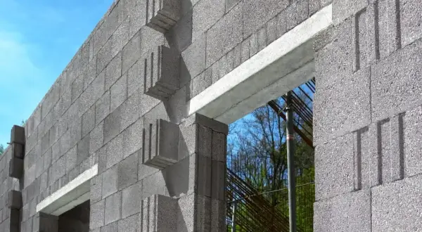 Ściana z bloczków betonowych z widocznym betonowym nadprożem nad otworem okiennym. W tle zbrojenie i drzewa.