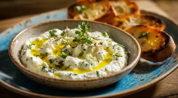 Brandade de morue crémeuse, arrosée d'huile d'olive et garnie d'herbes fraîches, servie avec des croûtons grillés.