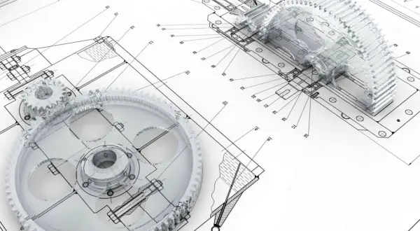 Przezroczyste koła zębate i mechanizmy na tle rysunków technicznych, ilustrujące innowacyjne wzory użytkowe.