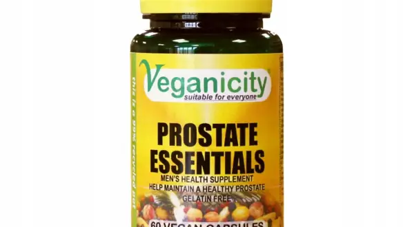 Suplement diety Prostate Essentials od Veganicity, zawierający ekstrakt z kory śliwy afrykańskiej, wspiera zdrowie prostaty. 60 kapsułek wegańskich.