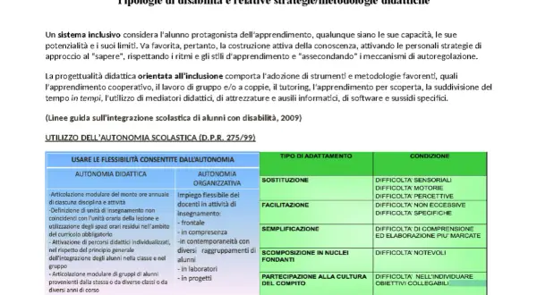 Tabella che illustra le tipologie di disabilità e le relative strategie didattiche, con focus sull'autonomia scolastica.