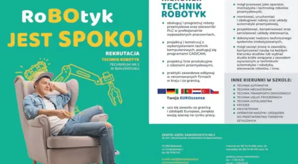 Młody mężczyzna w fotelu, obok schemat robota. Rekrutacja na kierunek technik robotyk w ZSZ Nr 2 w Białymstoku.