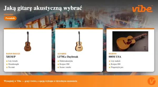 Poradnik: wybierz idealną gitarę akustyczną. Trzy modele: Baton Rouge, Alvarez, Martin.