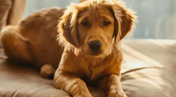 Złoty retriever leży na kanapie. Czy pies może jeść nerkowce? Ten słodki szczeniak wygląda, jakby chciał spróbować.
