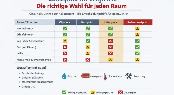 Vergleichstabelle für Innenputz-Arten: Gips-, Kalk-, Lehm- und Kalkzementputz für Wohnzimmer, Bad, Keller. Zeigt Eignung basierend auf Feuchte, Untergrund etc.