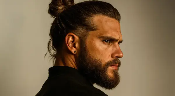 Un homme au regard intense, sa barbe bien taillée et un chignon homme (man bun) impeccable.