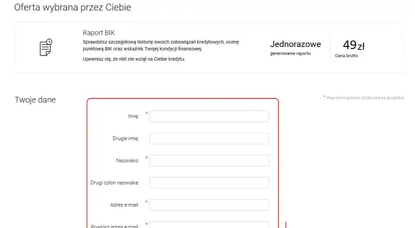 Formularz do wygenerowania raportu BIK bez konta bankowego. Wpisz swoje dane: imię, nazwisko, adres e-mail i numer telefonu.