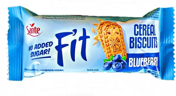 Opakowanie ciastek Sante Fit Cereal Biscuits o smaku borówkowym, bez dodatku cukru.