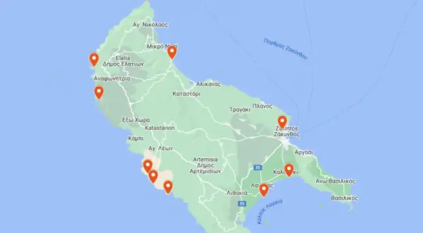 Mapa Zakynthos z zaznaczonymi atrakcjami, w tym plażami i miasteczkami. Widoczne są m.in. Zakintos, Laganas i Agios Nikolaos.