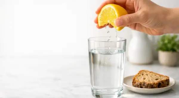 Gocce di limone cadono in un bicchiere d'acqua. Alcuni credono che acqua e limone faccia male al fegato, ma è un mito.