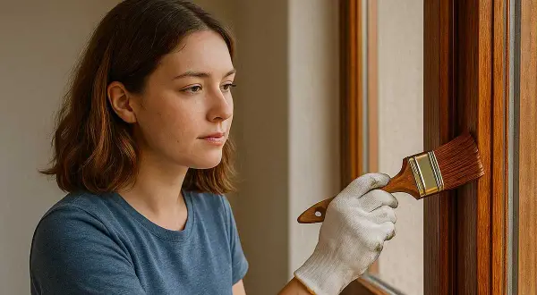 Donna con guanto bianco applica vernice su infissi in legno esterni con un pennello.