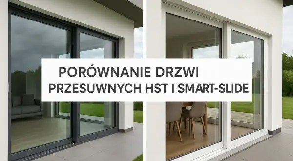 Porównanie drzwi przesuwnych HST i Smart-Slide. Dwa nowoczesne okna, jedno z szarą ramą, drugie białe, z widokiem na ogród i wnętrze domu.