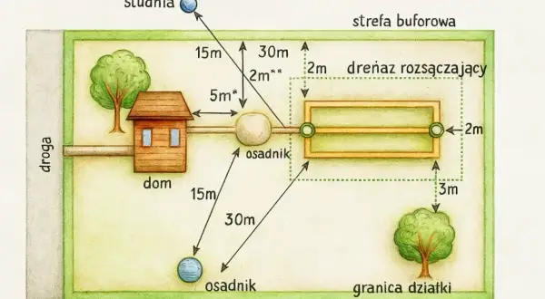 Schemat działki z domem, osadnikiem, studnią i drenażem rozsączającym, z wymiarami.