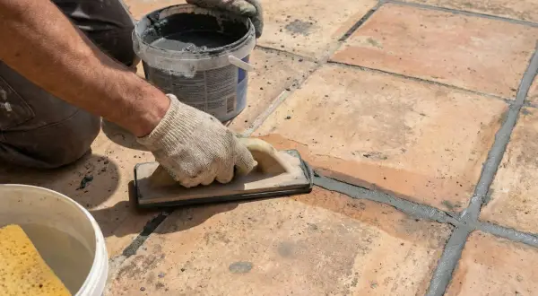 Application d'enduit pour joint carrelage extérieur. Un artisan, ganté, lisse le mortier gris avec une taloche sur des carreaux de terre cuite.