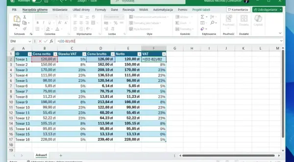 Excel pokazuje, jak odjąć procent, obliczając VAT. Formuła =(D2-B2)/B2 w komórce F2 pokazuje, jak to zrobić.