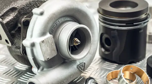 Turbosprężarka i tłok Kolbenschmidt na metalowej powierzchni.