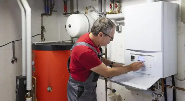 Ein Mann in Latzhose führt eine Emissionsmessung an einer Heizungsanlage durch. Der Schornsteinfeger prüft die Werte am Display.