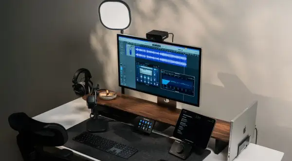 Professionelles Studio-Setup mit Monitor, der Audio-Software anzeigt, Kopfhörern, Mikrofon und Beleuchtung.