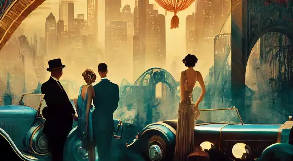 Elegancka para i samotna kobieta podziwiają panoramę miasta w stylu art deco. Malarze tego okresu uchwycili tę atmosferę.