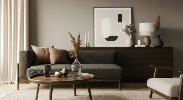 Ein Wohnzimmer mit dunklem Sofa, braunen Kissen und einem runden Holztisch. Die Frage, welche Farbe passt zu Schwarz, wird hier mit warmen Erdtönen beantwortet.