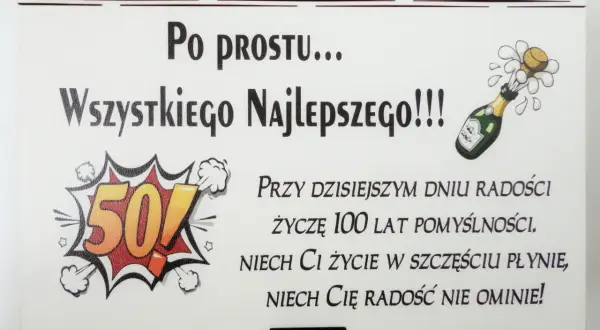 Wesołe życzenia na 50 urodziny z bąbelkami szampana i liczbą 50. Niech życie płynie w szczęściu, a radość nie ominie!