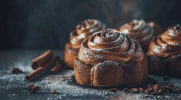 Doftande kanelbullar med pudersocker, perfekt för kanelbulle dag. Kanelstänger och chokladbitar ligger utspridda.