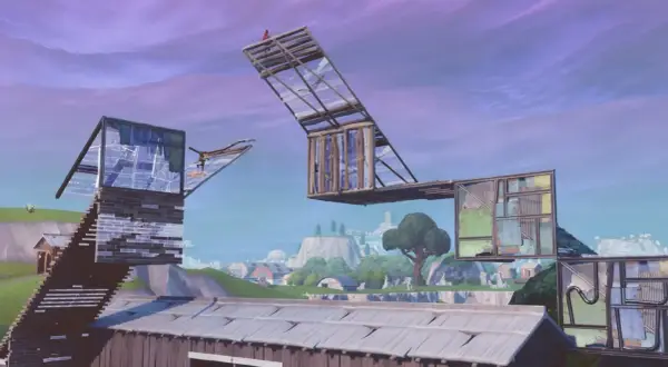 Konstrukcje z drewna i szkła w grze Battle Royale na tle fioletowego nieba.