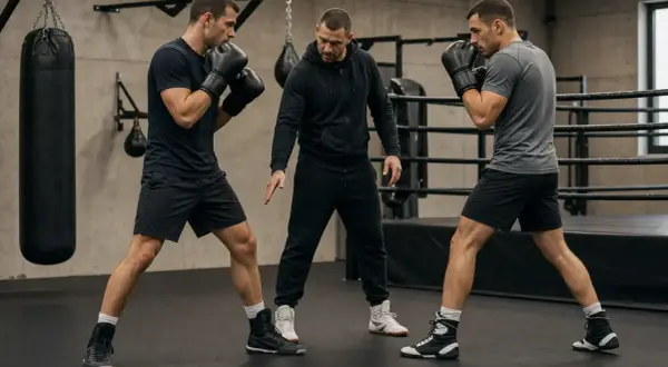 A boxing coach instructs two fighters, one a southpaw, in a gym.
